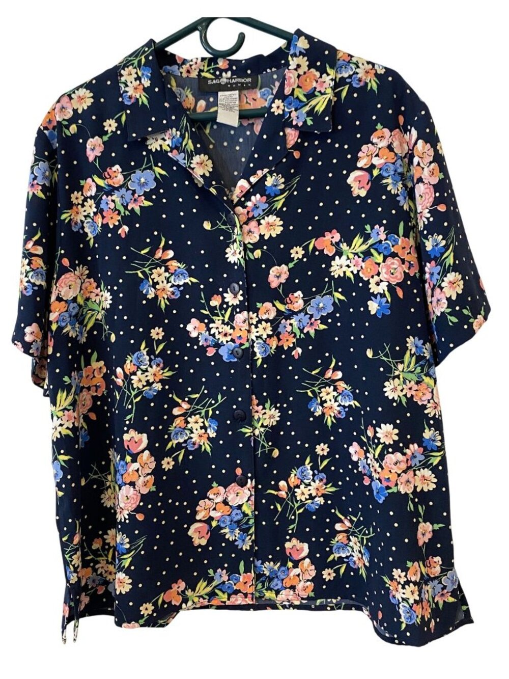 Vintage Sag Harbor Womens 1X Navy Floral Polka Dot Button Front Blouse Cottage